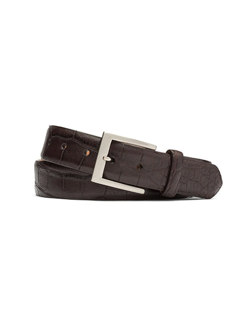 Chocolate-colored alligator belt with silver buckle in front of white background.