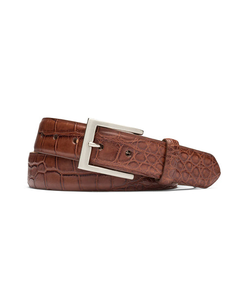 Brown alligator belt with silver buckle in front of white background.