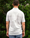 Back of Verse Clubhouse Polo, showing white double stripe design on grey polo.