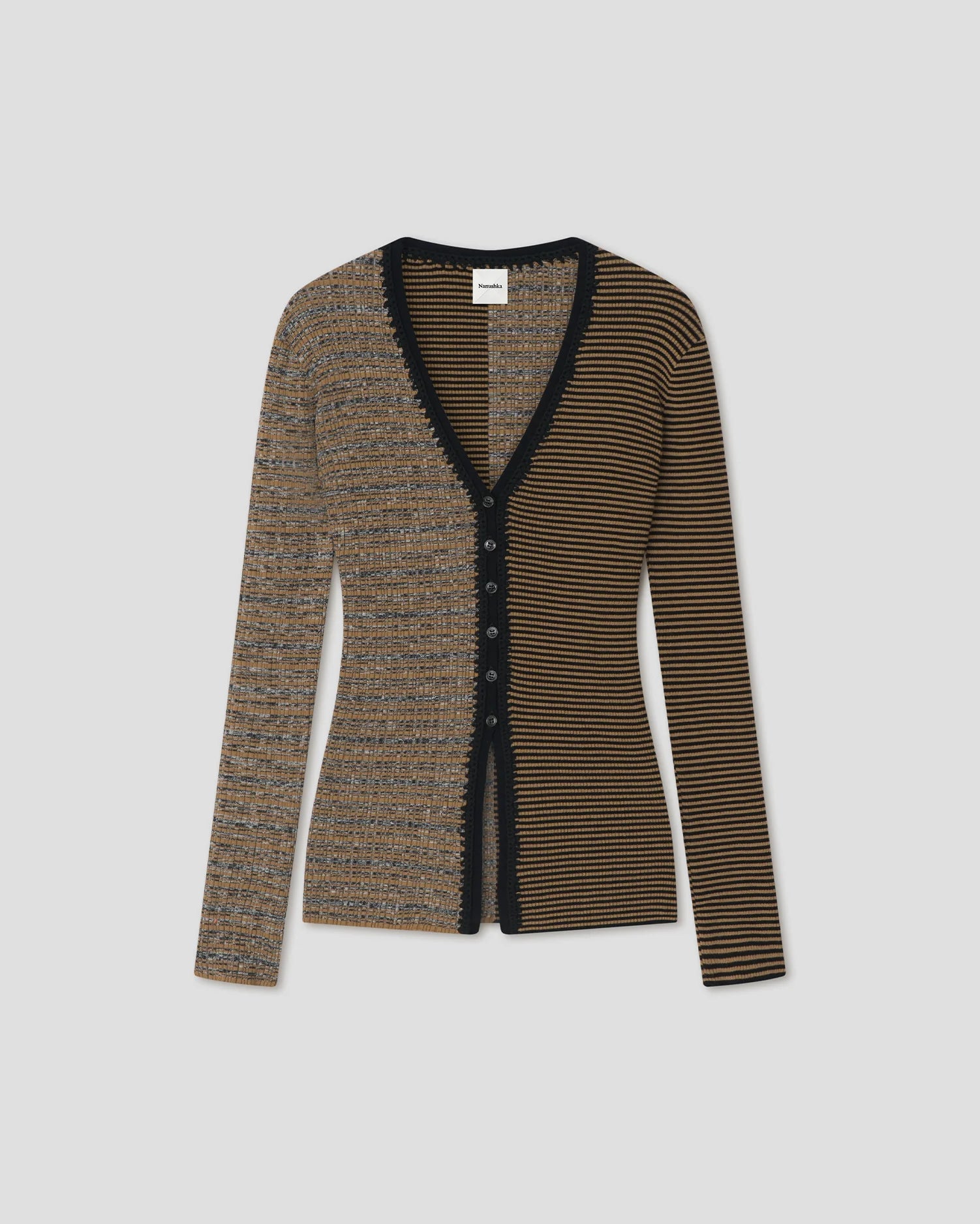 Two-tone ribbed cardigan with a V-neck, button front, and contrasting brown and black knit panels with black trim.