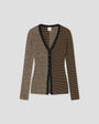 Two-tone ribbed cardigan with a V-neck, button front, and contrasting brown and black knit panels with black trim.