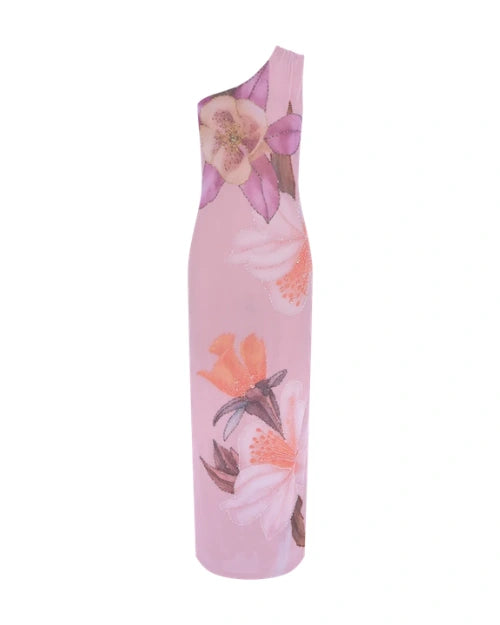 Side view of a pink one-shoulder midi dress featuring oversized floral prints in pink, peach, and white tones, displayed on a white background.