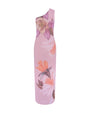 Side view of a pink one-shoulder midi dress featuring oversized floral prints in pink, peach, and white tones, displayed on a white background.