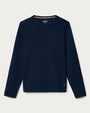 Navy long-sleeve performance crewneck shirt with a textured knit fabric and athletic fit, displayed on a neutral background.