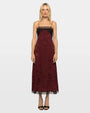 Burgundy jacquard midi slip dress with black lace trim and spaghetti straps
