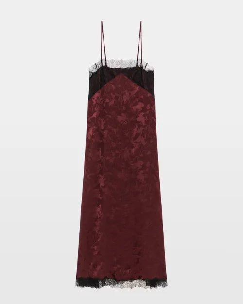 Burgundy jacquard midi slip dress with black lace trim and spaghetti straps