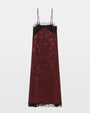 Burgundy jacquard midi slip dress with black lace trim and spaghetti straps