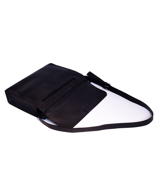 Black messenger bag laid flat in front of white background.