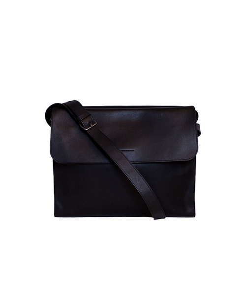 Black messenger bag with a flap and shoulder strap.