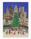 Box of a 100-piece mini puzzle shows a winter city scene with people skating under a large Christmas tree. 