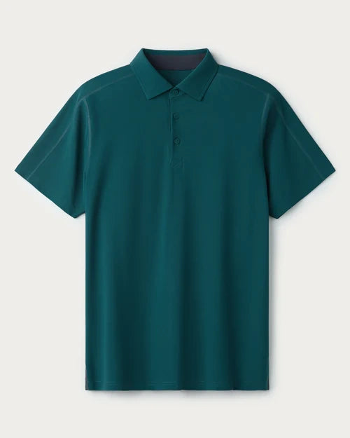 Men's teal performance polo shirt with short sleeves, three-button placket, and classic collar displayed on a light gray background.