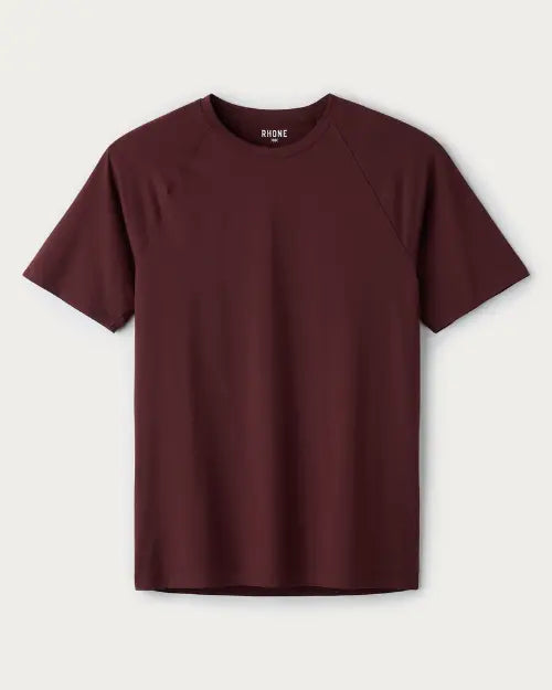 Men's burgundy crew neck performance t-shirt with short sleeves and athletic fit