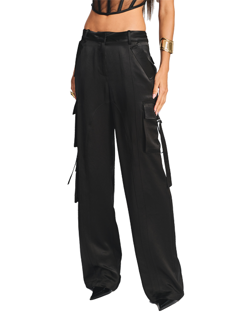 Front View. Model wearing cargo pants in black.