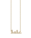 Babe script necklace with pave diamonds in yellow gold chain.