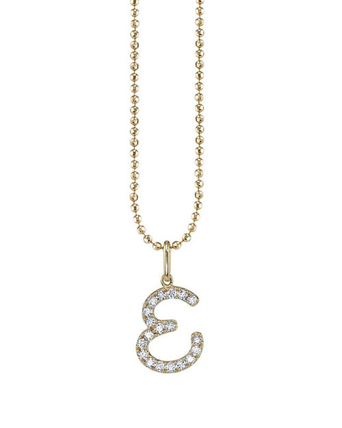 E initial in pave diamonds with a ball chain necklace.