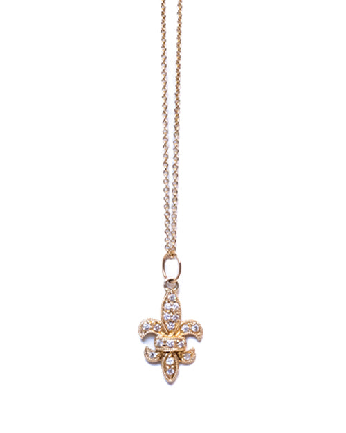 Medium Fleur De Lis Necklace in yellow gold with pave diamonds on a white background.