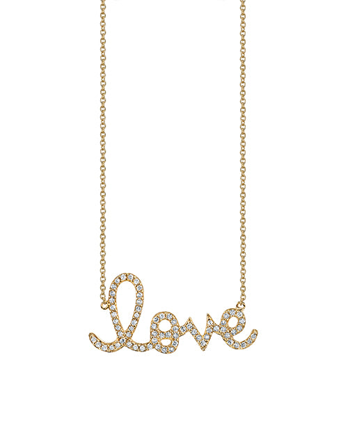 Love script necklace with round pave diamonds and yellow gold.