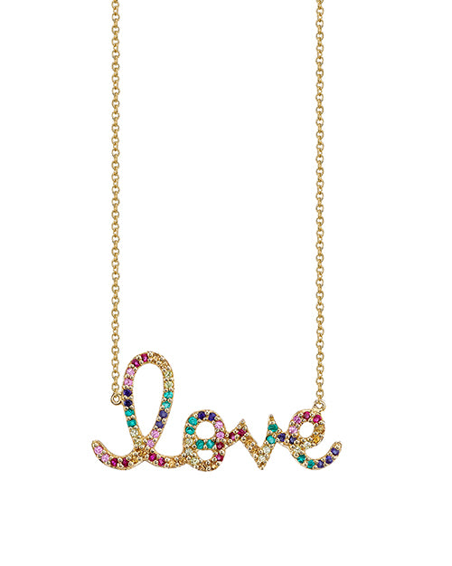 Love script necklace with sapphires, rubies, and emeralds in yellow gold.