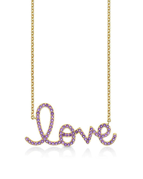 Love script necklace with amethyst stones in yellow gold.