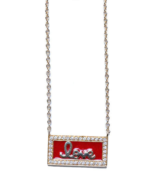 Bar Necklace with love script inside a red enamel rectangle with pave diamonds around the rectangle on a white background.