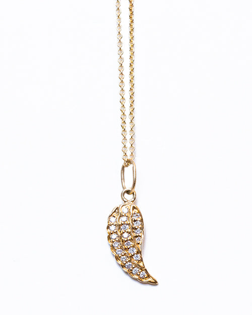  Mini Wing Charm Necklace in  Gold & Pave Diamond on a white background.