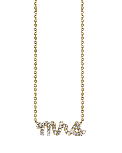 Mrs. script with pave diamonds in yellow gold chain necklace.