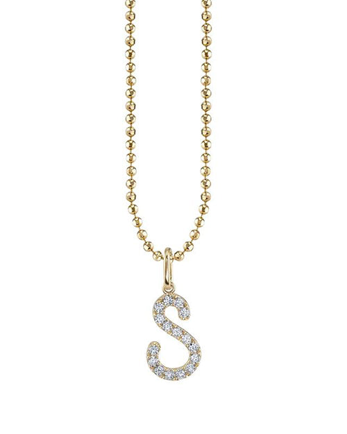 S initial in pave diamonds with a ball chain necklace.