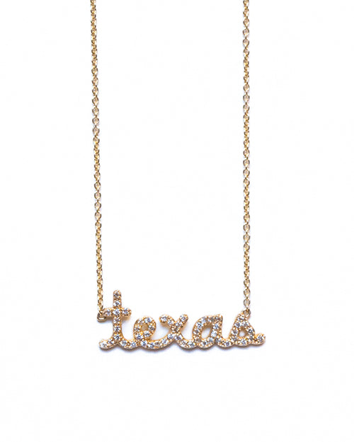 Small Texas Script Necklace on a white background.