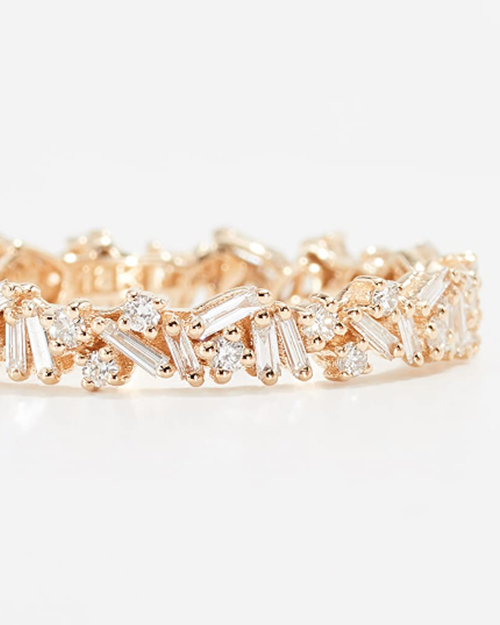 Close up of gold band with diamonds. 