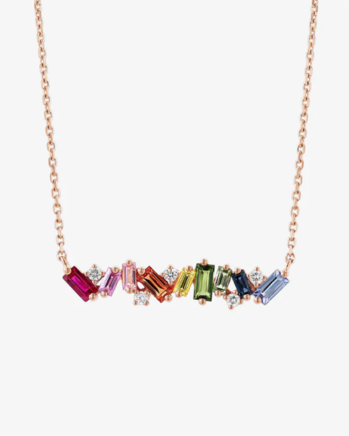 Rose gold chain necklace with rainbow-colored sapphires and white diamonds. 