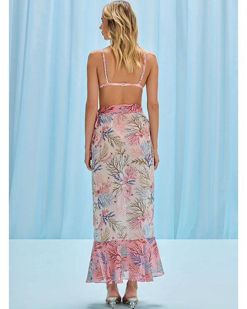Back view of a woman in a tropical print bikini, showcasing a tropical print cover-up design.

