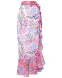 A vibrant tropical skirt featuring a ruffled hem, ideal for pairing with a tropical print bikini.