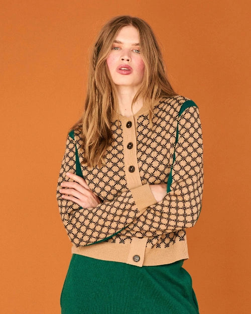 JUMPER 1234 | Graphic Sport Block Check Cardigan | Vicuna & Dark Ink Petrol