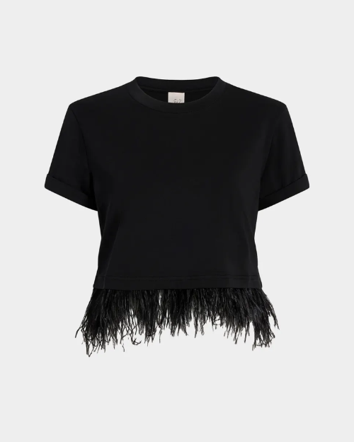 Black t-shirt with feather detail at the hem on a white background. 