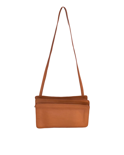 Light orange-tinted bag that has compartments and shoulder strap.