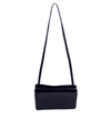 Black leather bag that has 2 compartments and has shoulder strap.