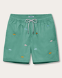 Green shorts with orange and blue embroidered suns with a grey drawstring on a neutral background.