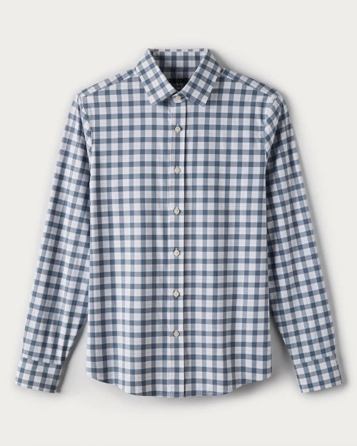 Men's blue and white gingham check long-sleeve button-down shirt with a classic collar and tailored fit displayed on a light gray background.