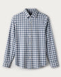 Men's blue and white gingham check long-sleeve button-down shirt with a classic collar and tailored fit displayed on a light gray background.