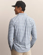Back view of a blue and white gingham check long-sleeve button-down shirt with a classic collar and tailored fit.