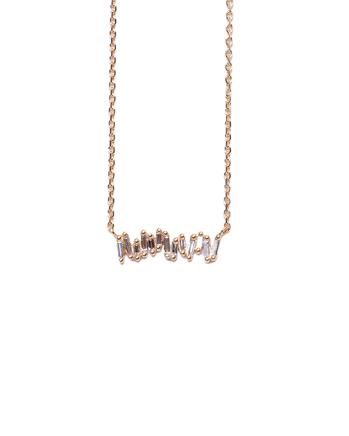 Rose gold chain necklace with rose gold and diamond bar design.