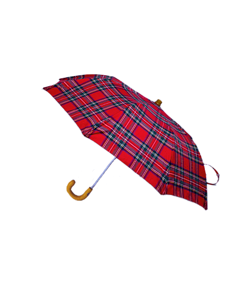 Bright red and green tartan folding umbrella opened and tilted with yellow leather handle.