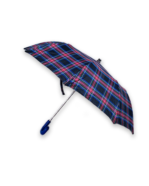 Blue and red tartan folding umbrella opened and tilted with blue leather handle.