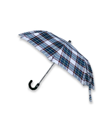 Navy and maroon tartan folding umbrella opened and tilted with dark green leather handle.
