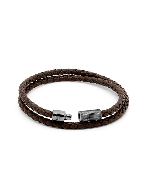 Pop Rigato Double Wrap Leather Bracelet In Brown With Black Ruthenium Silver on white background.