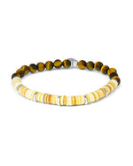 Beige Rhodium Plated Oceana Bracelet and tiger eye beads on white background.