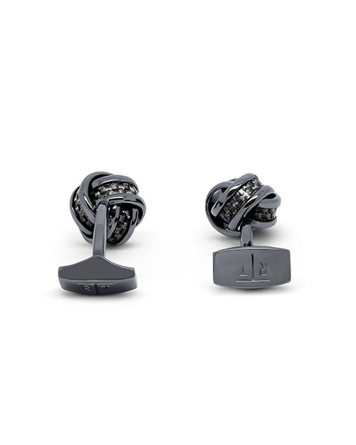 bACK VIEW. Front view. BLACK CARBON FIBER KNOT CUFFLINK ON WHITE BACKGROUND.
