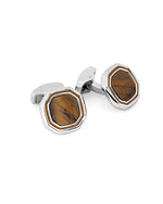 Front view. Octagon cufflinks in tiger eye on white background.
