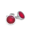 Front view. Starburst Bowl Cufflinks In Red With Palladium Plated on white background.