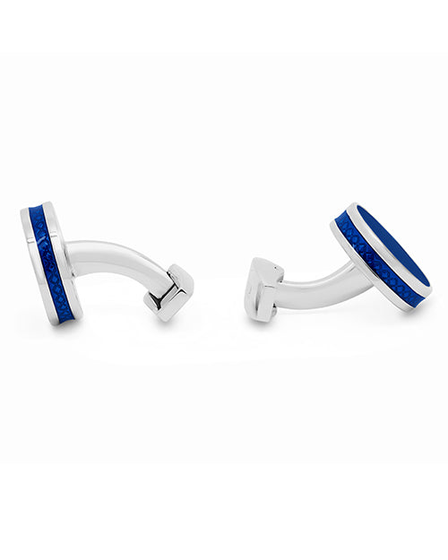 Side view. Tablet Ice Cufflinks With Blue Enamel on white background.